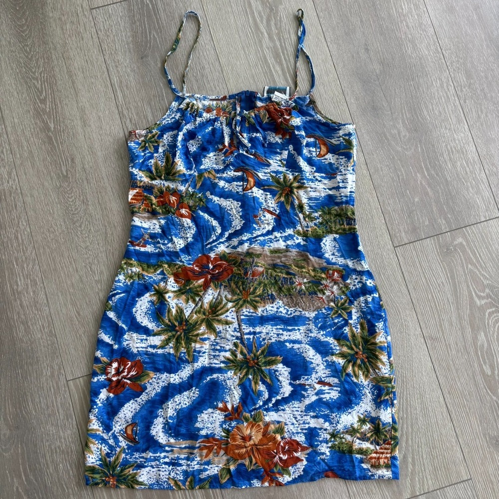 Aqua Blues Womens Blue Tropical Island Palm Trees Floral Hawaiian‎ Dress Size L